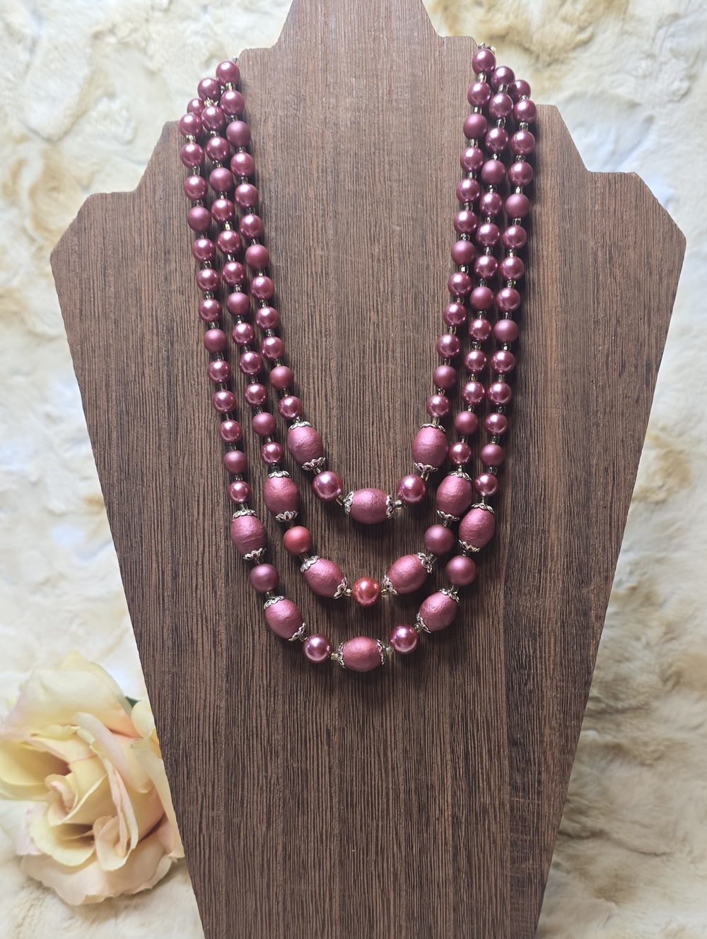 VTG Japan Multi Strand Sugar Bead Faux Pearl Gold-tone Necklace -Dusty Rose